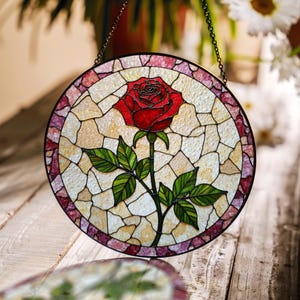 Red Rose Stained Glass Suncatcher Window Decor Gift for Mom Birthday