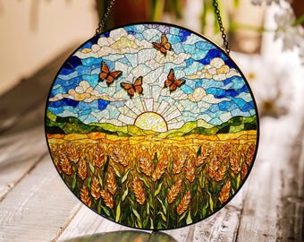 Goldenes Weizenfeld Sonnenaufgang Suncatcher rundes Buntglas Dekor Geschenk für Naturliebhaber