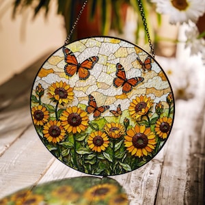 Sunflower Butterfly Stained Glass Suncatcher Window Decor Gift for Mom Friend Birthday