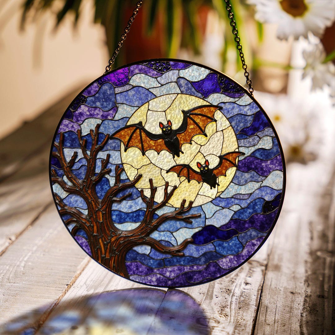Moonlight Window Bat Flying Bats Full Moon Stained Glass Suncatcher Spooky Tree Window Decor ...