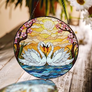 Swan Love Sunset Suncatcher Window Hanging Stained Glass Art Gift for Her Wedding Decor