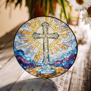 Stained Glass Cross Suncatcher With Colorful Rays Of Light Handmade Window Art Christian Gift