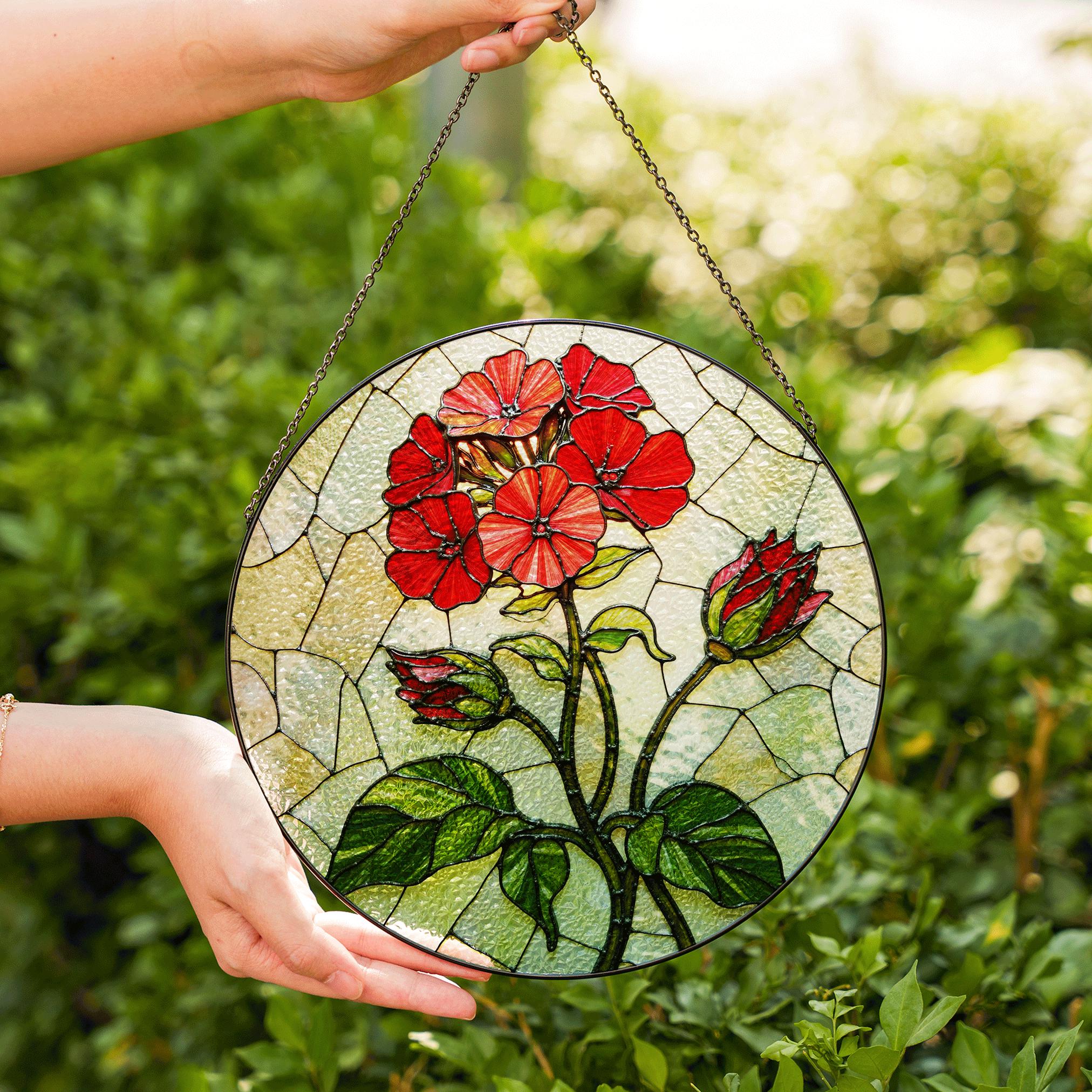 赤いゼラニウムの花のステンドグラスの丸型サンキャッチャー窓装飾 