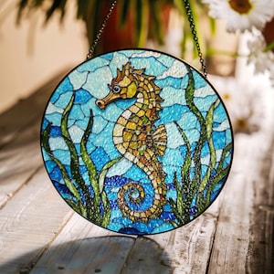 Stained Glass Seahorse Suncatcher Window Decor Sea Life Gift for Ocean Lovers