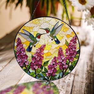 Hummingbird Flower Panel Stained Glass Suncatcher Nature Art Gift for Bird Lover Friend