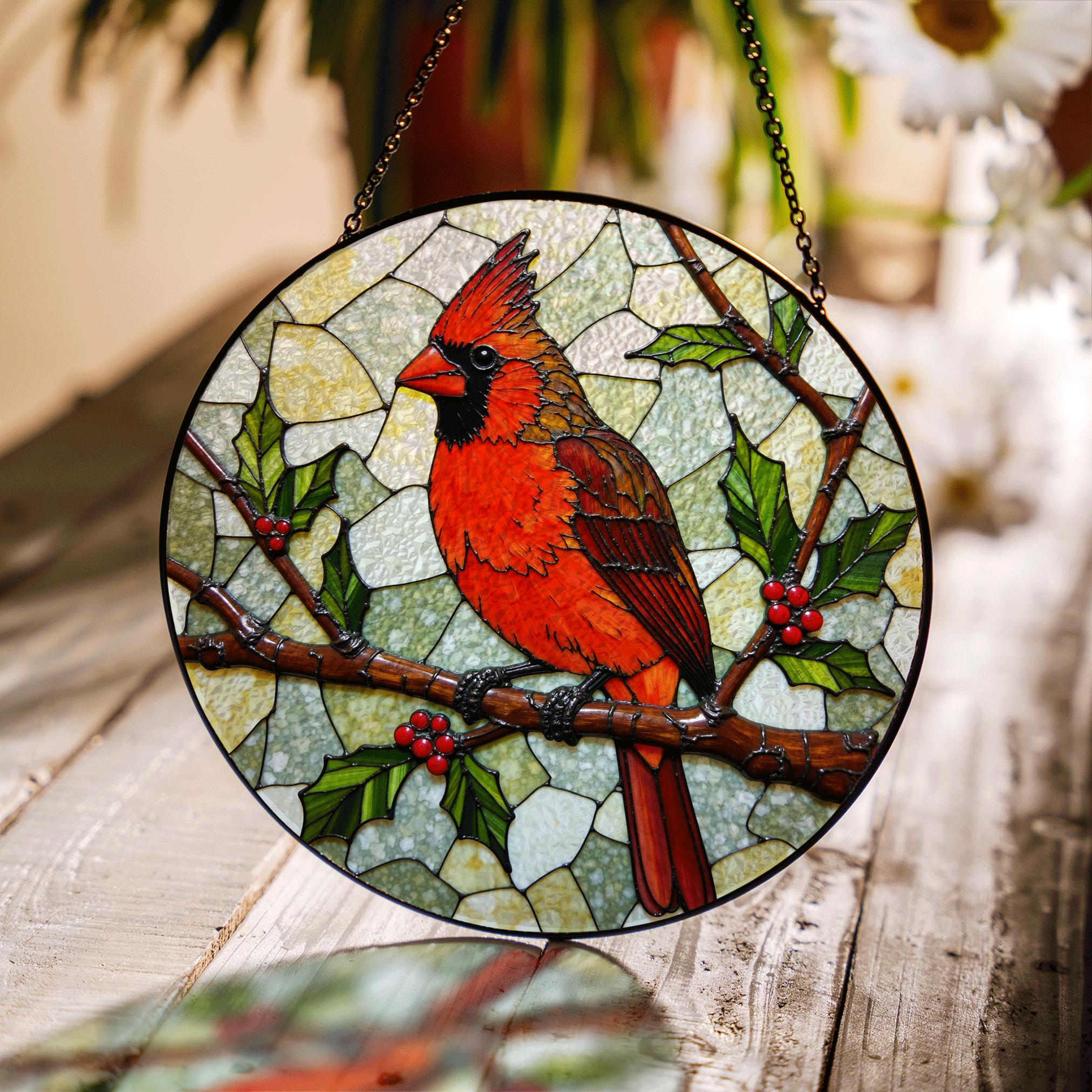 Cardinal Bird Stained Glass Suncatcher Window Hanging Gift for Bird Lovers