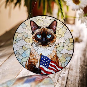 Patriotic Siamese cat with American flag stained glass suncatcher window hanging Independence Day gift for cat lover mom