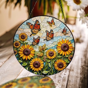 Sunflower Butterfly Suncatcher Stained Glass Window Decor Gift for Mom Grandma