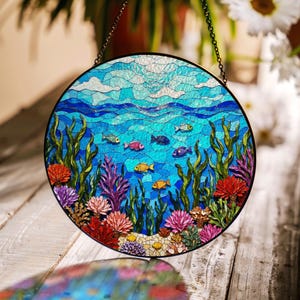 Suncatcher stained glass ocean coral reef colorful fish underwater scene gift for mom Mothers Day gift