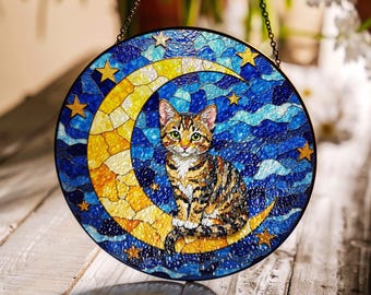 Moon Cat Stained Glass Suncatcher Hanging Decor Gift for Cat Lovers