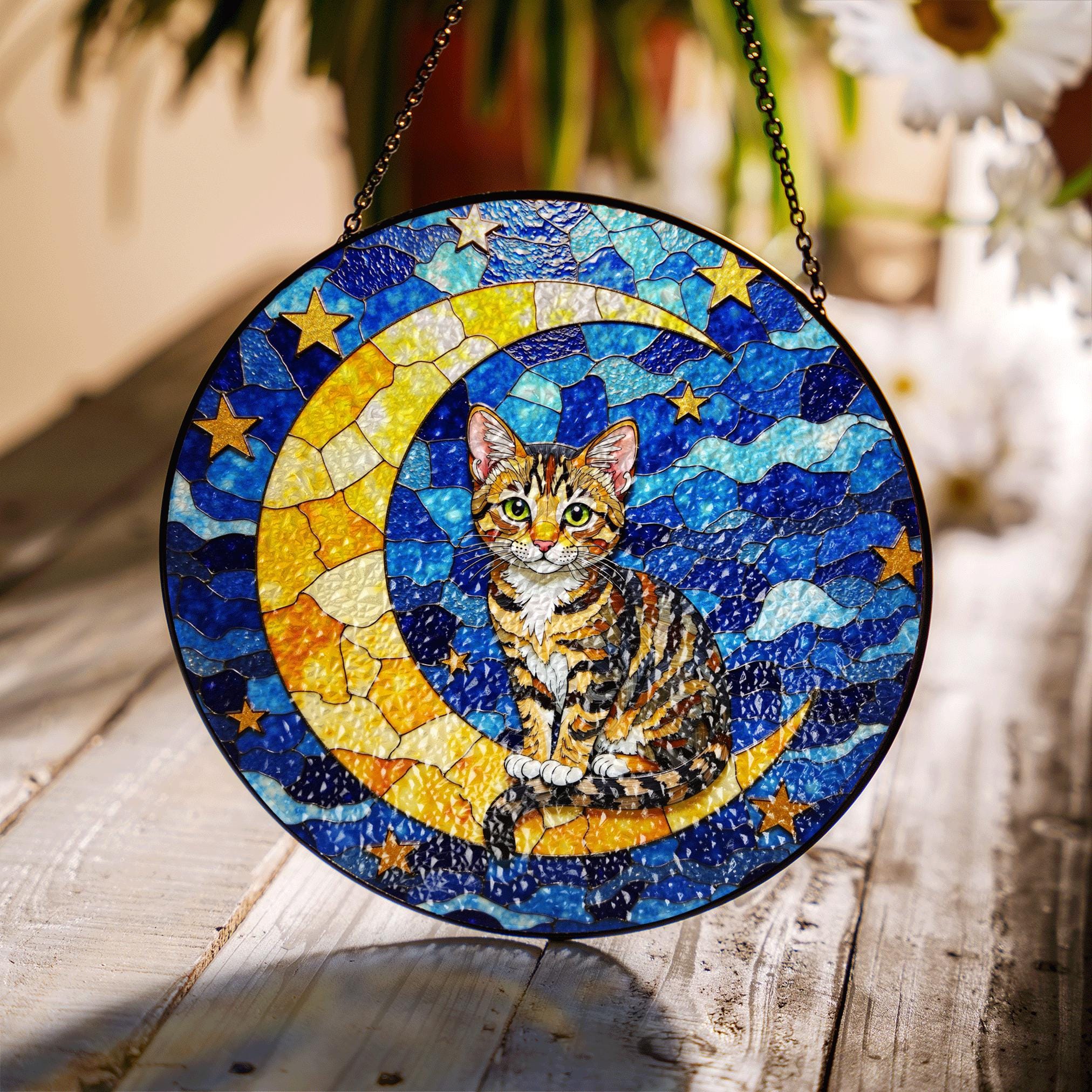 Acchiappasole In Vetro Colorato Fatto A Mano – Gatto Arancione Su Luna – Decorazione Da Finestra, Regalo Per Amanti Dei Gatti