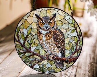 フクロウと花のステンドグラスサンキャッチャー 自然の窓装飾 フクロウ