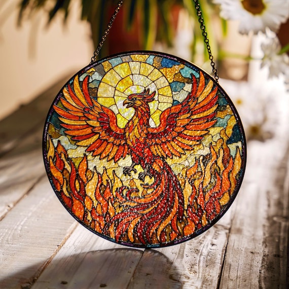 Phoenix Stained Glass Suncatcher Mythical Bird Window Hanging Gift for Fantasy Lovers