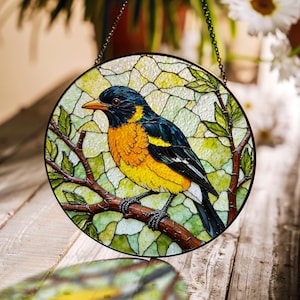 Black and Yellow Songbird Stained Glass Suncatcher – Vibrant Bird Art Gift for Nature Lovers