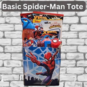 May include: A blue tote bag featuring Spider-Man with a cityscape design. The tote is filled with Spider-Man themed items, including a water bottle, toys, and packaged treats. The text "Basic Spider-Man Tote" is at the top.
