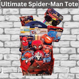 May include: A red Spider-Man themed tote bag filled with various Spider-Man merchandise. Includes a puzzle, sunglasses, a water bottle, lip balm, and a plush Spider-Man head. The tote bag has the text "Ultimate Spider-Man Tote" and "WERREN WONDER".