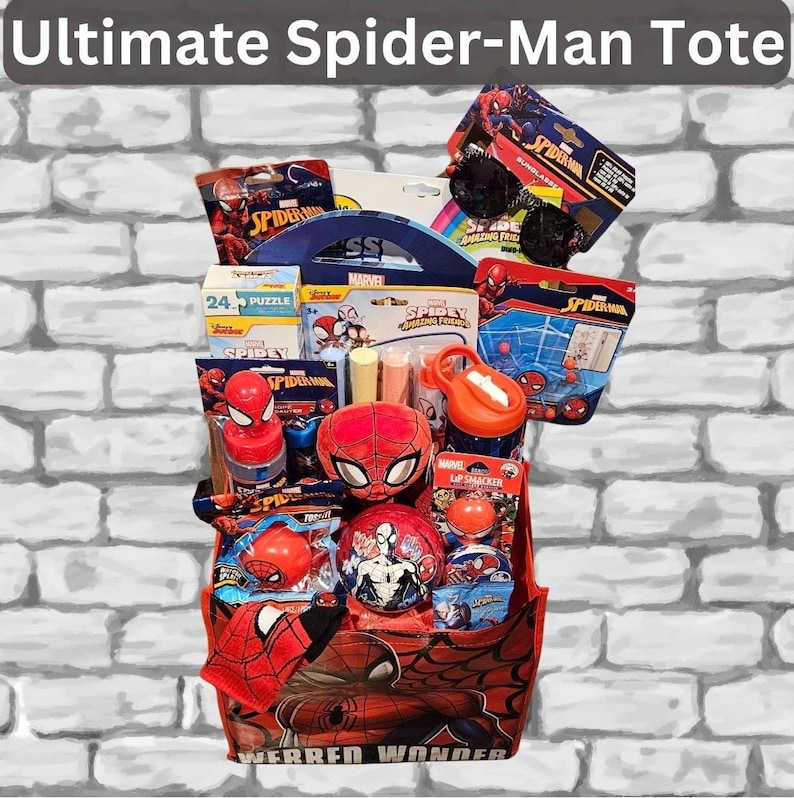 May include: A red Spider-Man themed tote bag filled with various Spider-Man merchandise. Includes a puzzle, sunglasses, a water bottle, lip balm, and a plush Spider-Man head. The tote bag has the text "Ultimate Spider-Man Tote" and "WERREN WONDER".