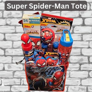 May include: A red and black Spider-Man tote bag filled with Spider-Man themed toys and accessories. Includes a puzzle, water bottle, ball, and other items. The tote bag has the text "Super Spider-Man Tote".
