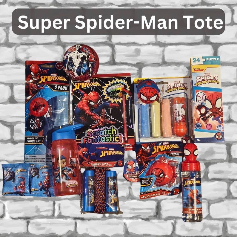 May include: A collection of Spider-Man themed toys and accessories, including a water bottle, puzzle, jump rope, and a ball. The items feature the Spider-Man logo and character illustrations, with a red and blue color scheme.