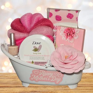 Mother’s Day Spa Gift Set in Bathtub – Caress Soap, Dove Cream, Loofah, Nail Polish, & More | Pamper Mom | Wrapped Gift Basket for Her
