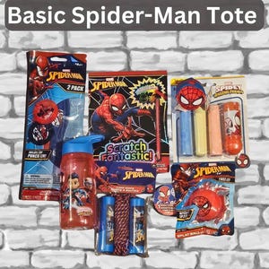 May include: A collection of Spider-Man themed toys and accessories. Includes a water bottle, jump rope, punch em' inflatables, a scratch art set, a splat ball, and a Spidey candy dispenser with chalk.