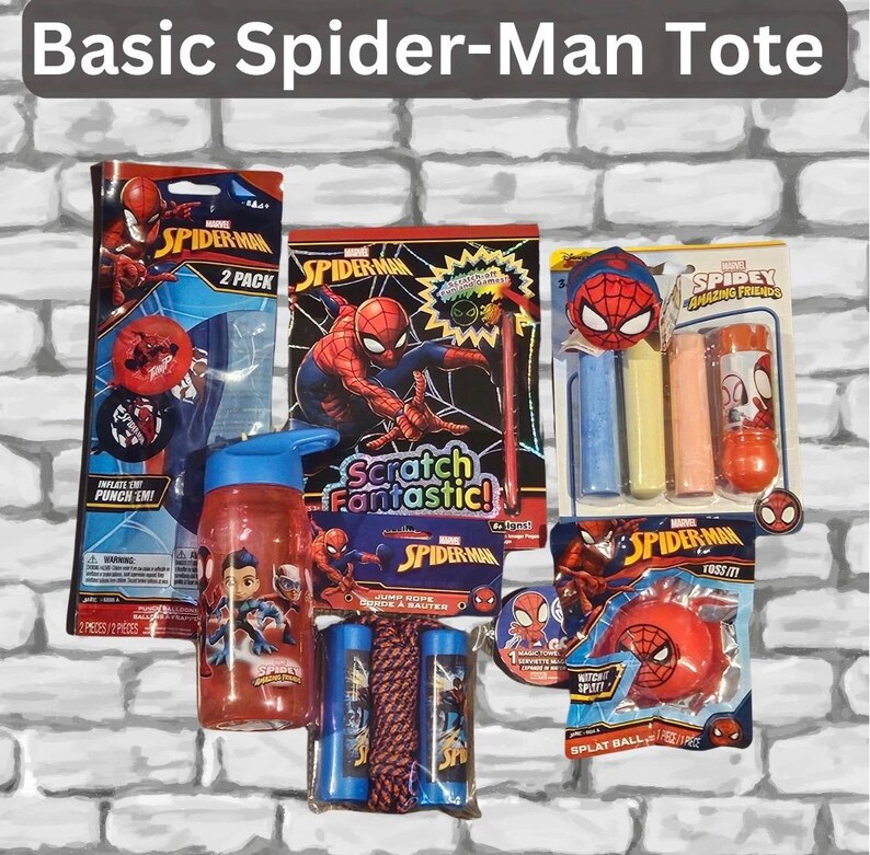May include: A collection of Spider-Man themed toys and accessories. Includes a water bottle, jump rope, punch em' inflatables, a scratch art set, a splat ball, and a Spidey candy dispenser with chalk.
