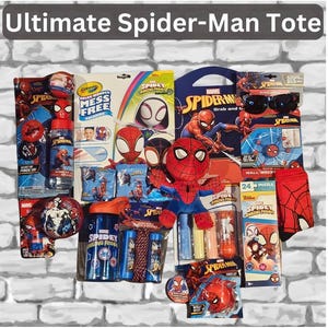 May include: An assortment of Spider-Man themed merchandise, including a plush toy, coloring books, water bottles, sunglasses, and a puzzle. The products feature the Spider-Man logo and character designs in red, blue, and black. The tote bag is filled with various Spider-Man themed items.