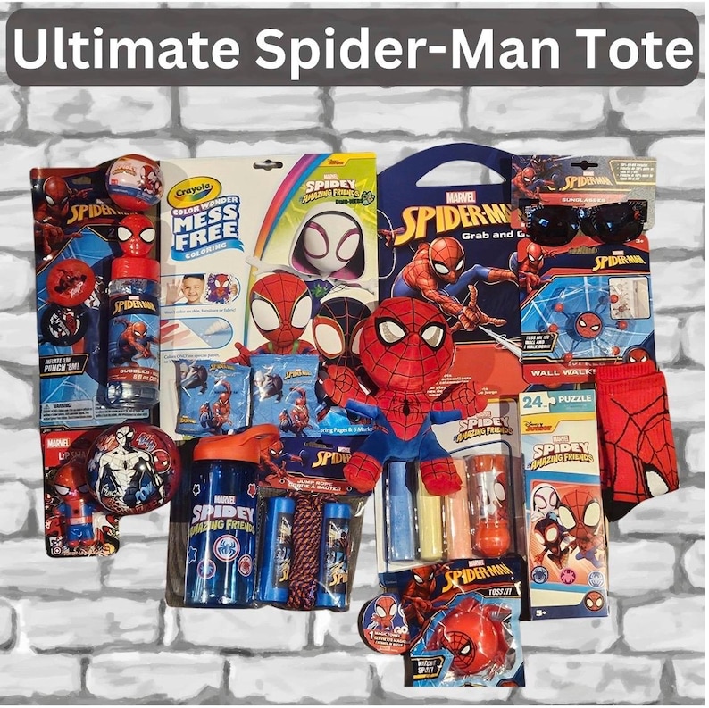 May include: An assortment of Spider-Man themed merchandise, including a plush toy, coloring books, water bottles, sunglasses, and a puzzle. The products feature the Spider-Man logo and character designs in red, blue, and black. The tote bag is filled with various Spider-Man themed items.