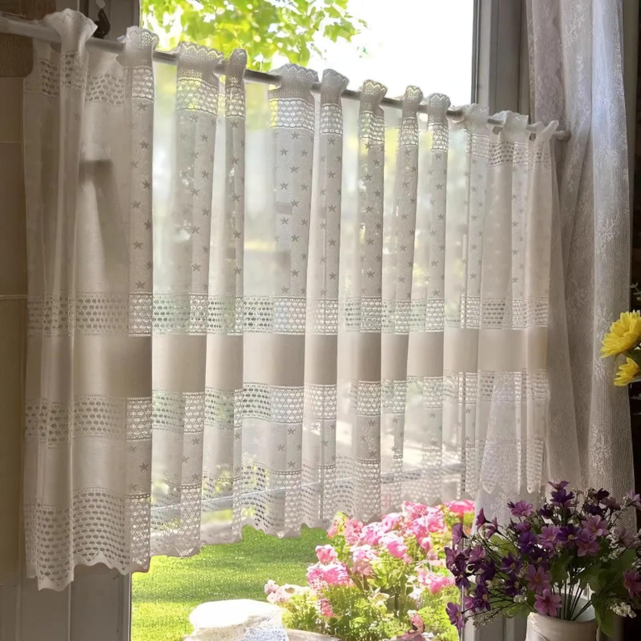 White Cafe Lace Curtain for Kitchen or Bathroom Decor | Short Sheer Valance Panel with Floral Cutwork | Vintage Farmhouse Window Treatment