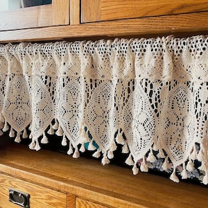 Vintage Style Crochet Cotton Half Curtain | Unique Lace Valance with Tassels | Rustic Boho Shelf or Cabinet Decor | Farmhouse Window Decor