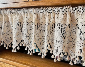 Vintage Style Crochet Cotton Half Curtain | Unique Lace Valance with Tassels | Rustic Boho Shelf or Cabinet Decor | Farmhouse Window Decor