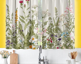 Boho Floral Cafe Curtains with Valance | Vintage Kitchen Window Curtain Panel | Light Filtering Tiered Drapes | Farmhouse Decor