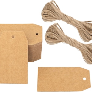 100 stuks kraftpapieren etiketten, cadeaukaartjes, bruin kraftlabel van 7 x 4 cm met 20 m touw