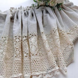 Victorian white cotton cafe curtain with ruffled valance and shabby chic lace trim, hung on a rustic window for French Country kitchens
