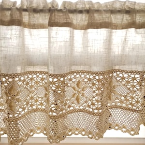Victorian white cotton cafe curtain with ruffled valance and shabby chic lace trim, hung on a rustic window for French Country kitchens