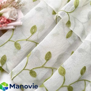Green Leaf Embroidered Cafe Curtains - Semi-Sheer Linen Panel, Rod Pocket, Light Filtering, Bathroom Kitchen, Boho Farmhouse Sink Skirt