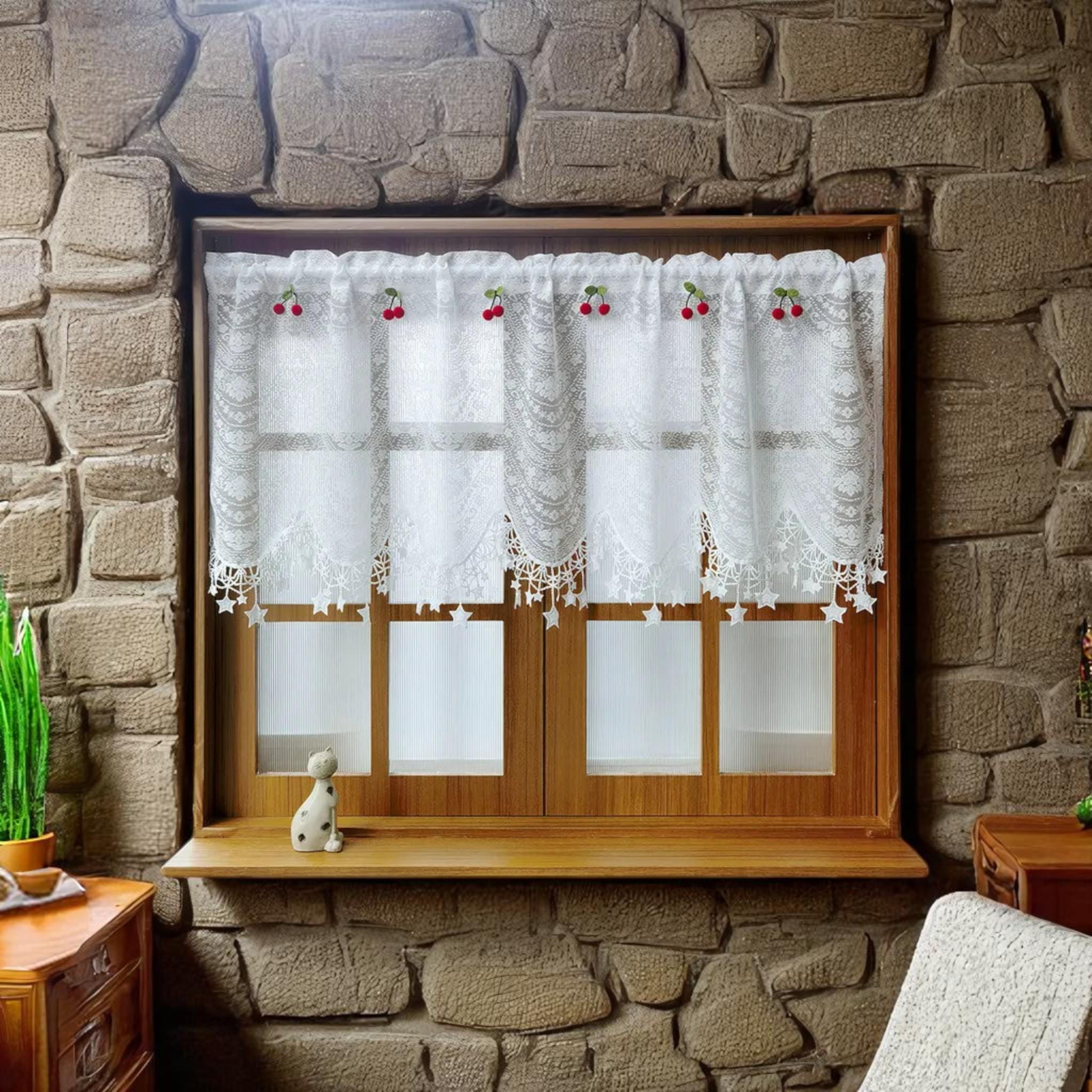 White Lace Cafe Curtain: Cherry & Pentagram Embroidery, Boho Kitchen