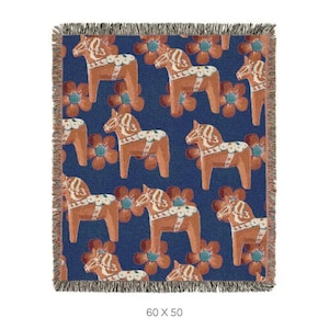 Swedish Woven Blanket Dala Horse Folk Art Flowers Traditional Sweden Home Decor Accent Cozy Couch  Bed Nordic Gift Scandinavian Blue Throw