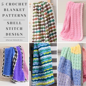 Pode incluir: Cinco padrões de manta de crochê com designs de ponto de concha. As mantas são de várias cores, incluindo rosa, azul, roxo, verde e amarelo.