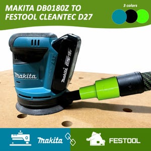 May include: A teal and black Makita DB0180Z sander with a green and black hose attachment. The sander has a black battery and the Makita logo. The text "MAKITA DB0180Z TO FESTOOL CLEANTEC D27" is at the top.