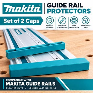Puede incluir: Un juego de dos protectores de color turquesa para rieles guía Makita. Las tapas rectangulares tienen un acabado liso y se muestran colocadas sobre un riel guía de metal plateado que incluye el logotipo y el texto de la marca.