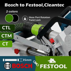 May include: A power tool with the text "Bosch to Festool, Cleantec". The tool features a green and black hose, a red knob, and a silver metal frame. The image also shows the text "Hose Port Rotation Twist Lock". The diameter is 35mm.