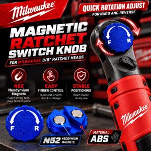 Peut inclure: Un bouton de commutation magnétique pour cliquet Milwaukee, conçu pour les têtes de cliquet de 3/8 pouce. Ce bouton bleu circulaire porte les lettres F et R pour le sens de rotation. Il intègre des aimants néodyme N52 et est fabriqué en ABS pour un contrôle manuel fluide.