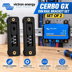 Puede incluir: Un juego de dos soportes rectangulares negros para riel DIN para el Victron Energy Cerbo GX. Cada soporte presenta un acabado texturizado, un mecanismo deslizante central con un recorte ondulado e inserciones roscadas de color latón.