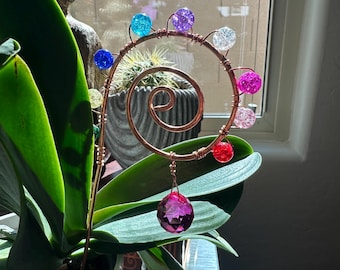 Decorative Beaded Plant Stakes, Boho Sun Catcher with Prism Crystals, Colorful Crystals, Garden Decor