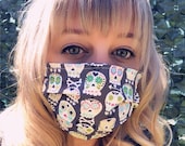 Sugar Skulls Damask REVERSIBLE Face Mask- QUICK SHIP- facemask- lightweight washable cotton