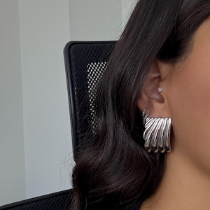 Vintage Silver Tone Statement Clip On Earrings – Bold Retro Curved Design, 80s Style Jewelry - Gift For Women