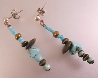 Vintage Sterling & Brass Beaded Turquoise Dangle Drop Earrings Sterling Silver Pierced Earrings Vintage Earrings Vintage Jewelry