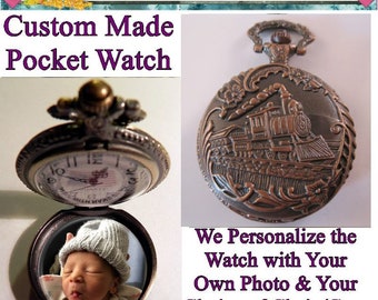 Custom Made Antique Style Copper TRAIN Railroad Pocket Watch w/ Your Personalized Photo & Choice of Chain Gifts for Men Gifts for Him