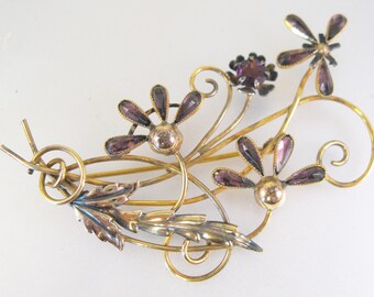 Vintage 1940s 12K GF Two Tone Gold & Amethyst Rhinestone Floral Brooch Signed MC Vintage Jewelry Vintage Brooch Gifts for Her Gifts for Mom